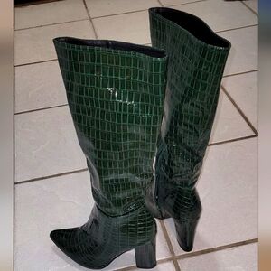 Green Faux Croc-Embossed Knee-High Boots